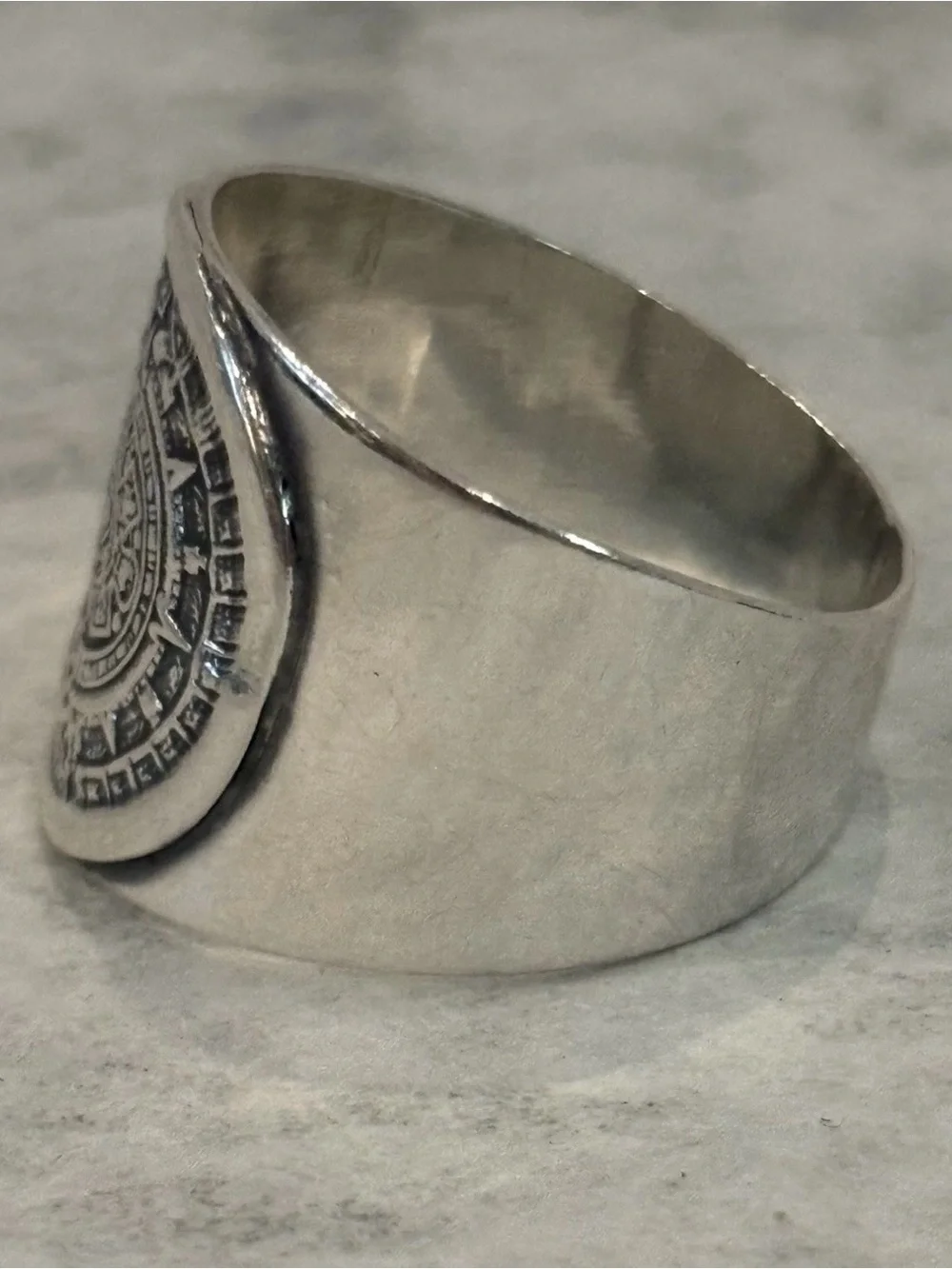 Men's Aztec Calendar Signet Ring in Silver Tone